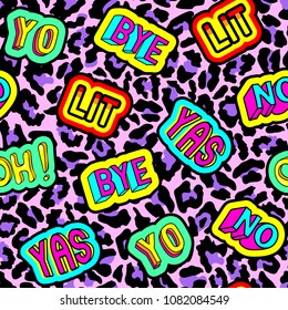 Seamless pattern with patches: "Bye", "Lit", "Yas", "No", "Oh". Cool design on bright background for graphic t-shirts, wallpapers, wrapping paper, etc.
