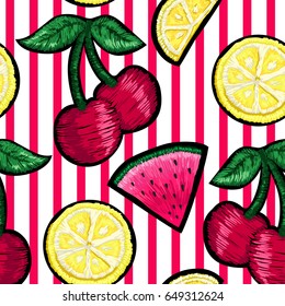 Seamless pattern of patches in the form of fruits on a red stripe.