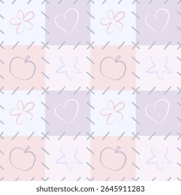 Seamless pattern with patches and line images of a heart, a flower, a a star and an apple in pastel colors 