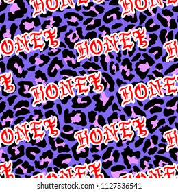 Seamless pattern with patches “Honey”. Neon purple and pink leopard background. 