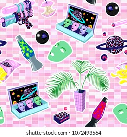 Seamless pattern with patches - palm plants in pots, lava lamps, magic eight balls, alien masks, bitten apples, mission controls, laser guns, bags of chips, etc. Vector illustration. Pink background. 