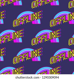 Seamless pattern with “offline” patches with rainbows. Vector wallpaper with stickers. Dark blue background.