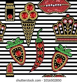 Seamless pattern with patches with sequins and beads.