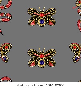 Seamless pattern with patches with sequins and beads.