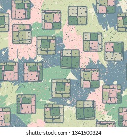 Seamless pattern. The patches sewn randomly on an abstract background.