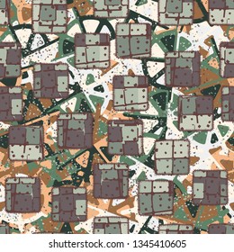 Seamless pattern. The patches sewn randomly on an abstract background.