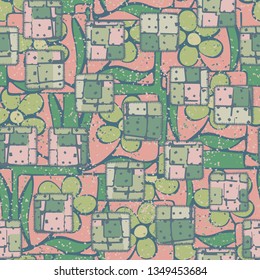 Seamless pattern. The patches sewn randomly on an abstract background.