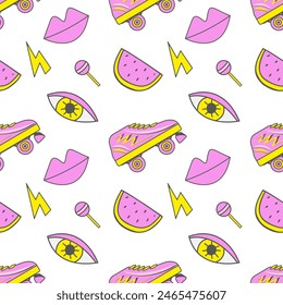 Seamless pattern with patches, stickers in 80s-90s comic style.