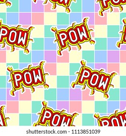 Seamless pattern with patches, stickers, badges, pins with words "POW". Modern trendy illustration. Quirky funny cartoon comic style of 80-90s. Colorful background.
