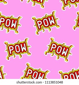 Seamless pattern with patches, stickers, badges, pins with words "POW". Modern trendy illustration. Quirky funny cartoon comic style of 80-90s. Pink background.
