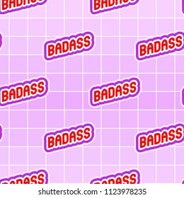 Seamless pattern with patches, stickers, badges, pins with words "Badass". Quirky funny cartoon comic style of 80-90s. Pink background.
