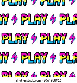 Seamless pattern with patches, stickers, badges, pins with words "Play" and lightning strikes. Modern trendy illustration. Quirky funny cartoon comic style.