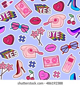 Seamless pattern with patches, stickers, badges, pins with cell phones, heart-shaped sunglasses, lips, lollipops, words "Yes", "Bye", hearts, floppy disks, mixtapes in comic style of 80s-90s.