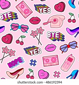 Seamless pattern with patches, stickers, badges, pins with cell phones, heart-shaped sunglasses, lips, lollipops, words "Yes", "Bye", "Nope", hearts, floppy disks, mixtapes in comic style of 80s-90s.