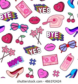 Seamless pattern with patches, stickers, badges, pins with cell phones, heart-shaped sunglasses, lips, lollipops, words, hearts, floppy disks, mixtapes in comic style of 80s-90s. Isolated on white.