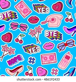 Seamless pattern with patches, stickers, badges, pins with cell phones, heart-shaped sunglasses, lollipops, words "Yes", "Bye", "Nope", hearts, mixtapes in comic style of 80s-90s. Blue background.