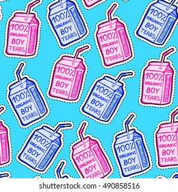 Seamless pattern with patches, stickers, badges, pins with "100% Organic Boy Tears" bags or containers. Cute sassy blue and pink packages. Blue background.