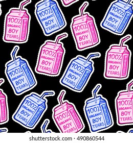 Seamless pattern with patches, stickers, badges, pins with "100% Organic Boy Tears" bags or containers. Cute sassy blue and pink packages. Black background.