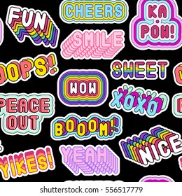 Seamless pattern with patches, stickers, badges, pins with words "Nice", "Cheers", "XOXO", "Peace out", "Wow", "Yeah" etc. Modern slang phrases. Quirky cartoon comic style of 80-90s. Black background.