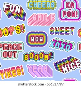 Seamless pattern with patches, stickers, badges, pins with words "Nice", "Cheers", "XOXO", "Peace out", "Wow", "Yeah", etc. Modern slang phrases. Quirky cartoon comic style of 80-90s. Blue background.