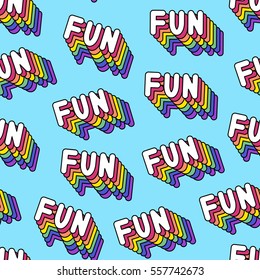 Seamless pattern with patches, stickers, badges, pins with words "FUN". Modern trendy illustration. Quirky funny cartoon comic style of 80-90s. Bright blue background.