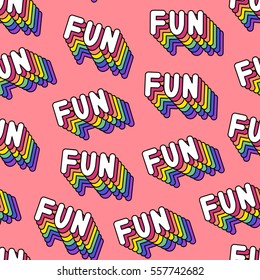 Seamless pattern with patches, stickers, badges, pins with words "FUN". Modern trendy illustration. Quirky cartoon comic style of 80-90s. Peachy red background.