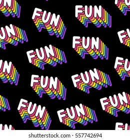 Seamless pattern with patches, stickers, badges, pins with words "FUN". Modern trendy illustration. Quirky funny cartoon comic style of 80-90s. Black background.