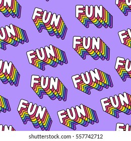 Seamless pattern with patches, stickers, badges, pins with words "FUN". Modern trendy illustration. Quirky cartoon comic style of 80-90s. Bright violet background.