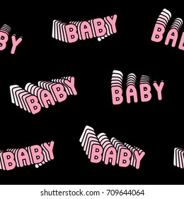 Seamless pattern with patches, stickers, badges, pins with pink words "Baby". Modern trendy illustration. Quirky funny cartoon comic style of 80-90s. Black background.