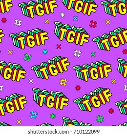 Seamless pattern with patches, stickers, badges, pins with pink words "TGIF" (the acronym for "Thank God it's Friday"). Modern trendy illustration. Quirky funny cartoon comic style of 80-90s.