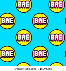 Seamless pattern with patches, stickers, badges, pins with words "Bae". Modern trendy illustration. Quirky funny cartoon comic style of 80-90s. Blue background.