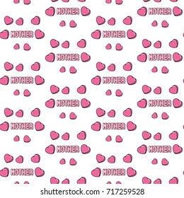 Seamless pattern with patches, stickers, badges, pins with word "Mother" and hearts. Modern trendy illustration. 