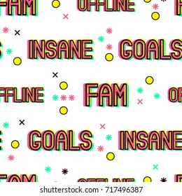 Seamless pattern with patches, stickers, badges, pins with words "insane", "fam", "goals", "offline" and geometric elements. 