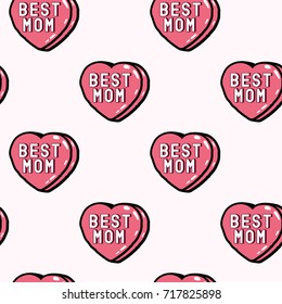 Seamless pattern with patches, stickers, badges, pins with word "Best Mom". Modern trendy illustration. Quirky funny cartoon comic style of 80-90s. 