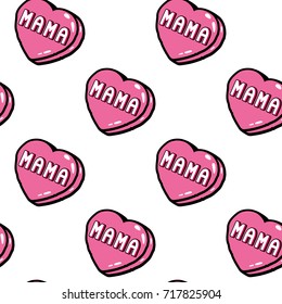 Seamless pattern with patches, stickers, badges, pins with word "Mama". Modern trendy illustration. Quirky funny cartoon comic style of 80-90s. 