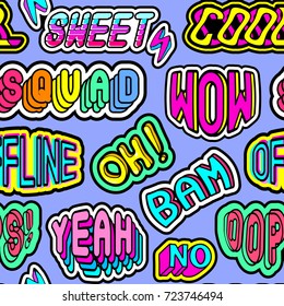 Seamless pattern with patches, stickers, badges, pins with words "Oh", "Bam", "Offline", "Oops", "Squad", "Yeah", "Sweet", etc. Quirky cartoon comic style of 80-90s. Blue background