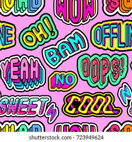 Seamless pattern with patches, stickers, badges, pins with words "Oh", "Bam", "Offline", "Oops", "Squad", "Yeah", "Sweet", etc. Quirky cartoon comic style of 80-90s. Pink background.