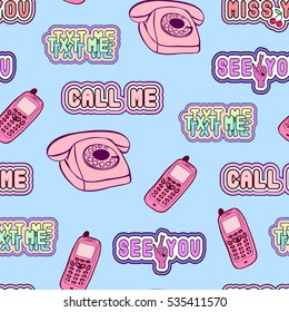 Seamless pattern with patches, stickers with retro telephones and cellphones, texts, phrases: "Call me", "txt me", "miss you", "see you" in comic style of 80s-90s. Blue background.