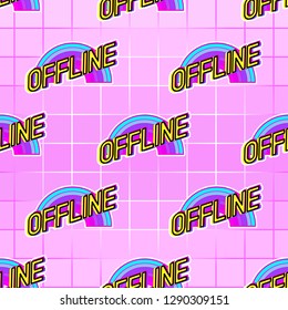 Seamless pattern with “offline” patches. Vector wallpaper with stickers. Gradient grid background.