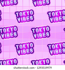 Seamless pattern with “Tokyo Vibes” patches. Vector wallpaper in pastel goth style. Pink gradient background.