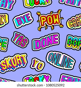 Seamless pattern with patches with words "Friyay (friday+yay)", "Lucky", "Dope", "Yo", "Crazy", "Skurt", "Online", "Bye", etc. Cartoon comic style of 80s - 90s. Blue background.
