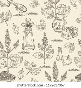 Seamless pattern with patchouli: patchouli branch with leaves and flowers, oil, soap and bath salt . Cosmetic and medical plant. Vector hand drawn illustration. 