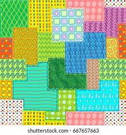 Seamless pattern patchwork of the background in the form of sewn flaps, fabrics, embroidery and crocheted crochet, knitting needles,  bright yellow, blue, green, red colors, painted in vector