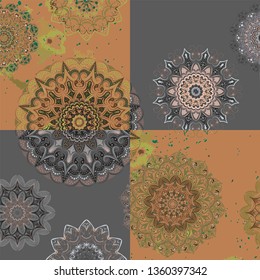 Seamless pattern - patchwork composition of square elements. Gray background and brown with green watercolor splashes. Mandalas - round lace patterns, brutal wallpaper in a strict color scheme.