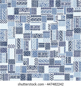 Seamless pattern of patchwork. Elegant blue ornament. Tribal and ethnic motifs. Blue geometric elements on a white background. Vector illustration drawn by hand.