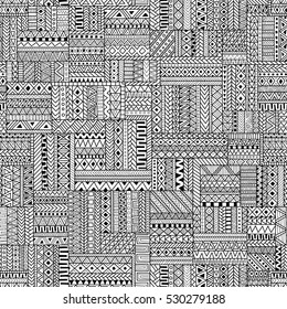 Seamless pattern of patchwork. Ethnic and tribal motifs. Geometric elements of hand-drawn. A complex pattern zentangl. Black and white vector illustration.