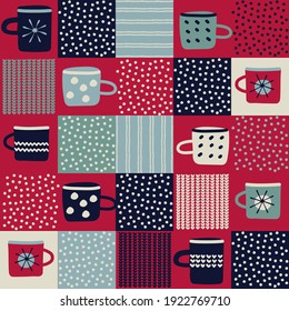 Seamless pattern, patchwork with hand drawn cups, polka dot, waves in rustic Scandinavian hygge style for surface design and other design projects