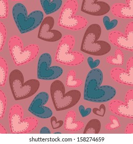 Seamless pattern with patchwork hearts on a pink background. Vector illustration for design