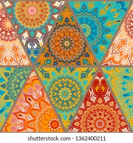 
Seamless pattern - patchwork made up of triangular elements. Bright background and mandalas - round lace patterns, in green, red and yellow colors. The shreds are separated by a beige stripe.