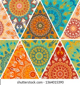 Seamless pattern - patchwork made up of triangular elements. Bright background and mandalas - round lace patterns, in green, red and yellow colors. The shreds are separated by a 
white stripe.